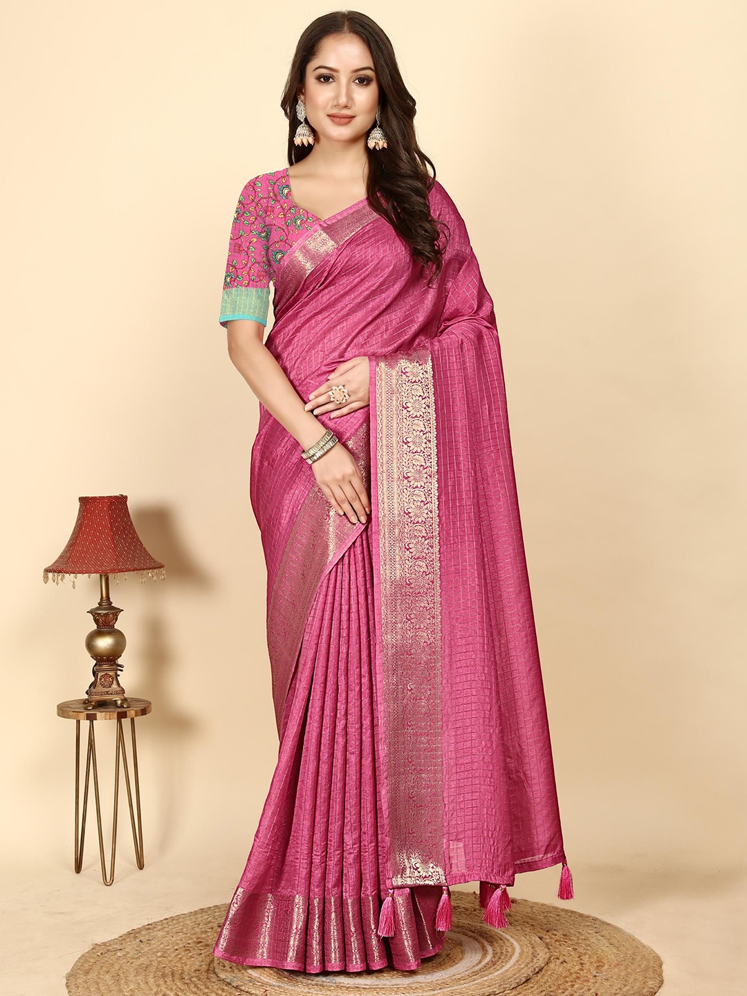 

J 6 DESIGNER Woven Design Zari Art Silk Block Print Saree, Pink