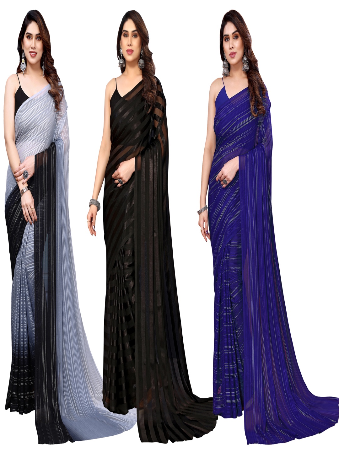

ANAND SAREES Striped Satin Saree, Black