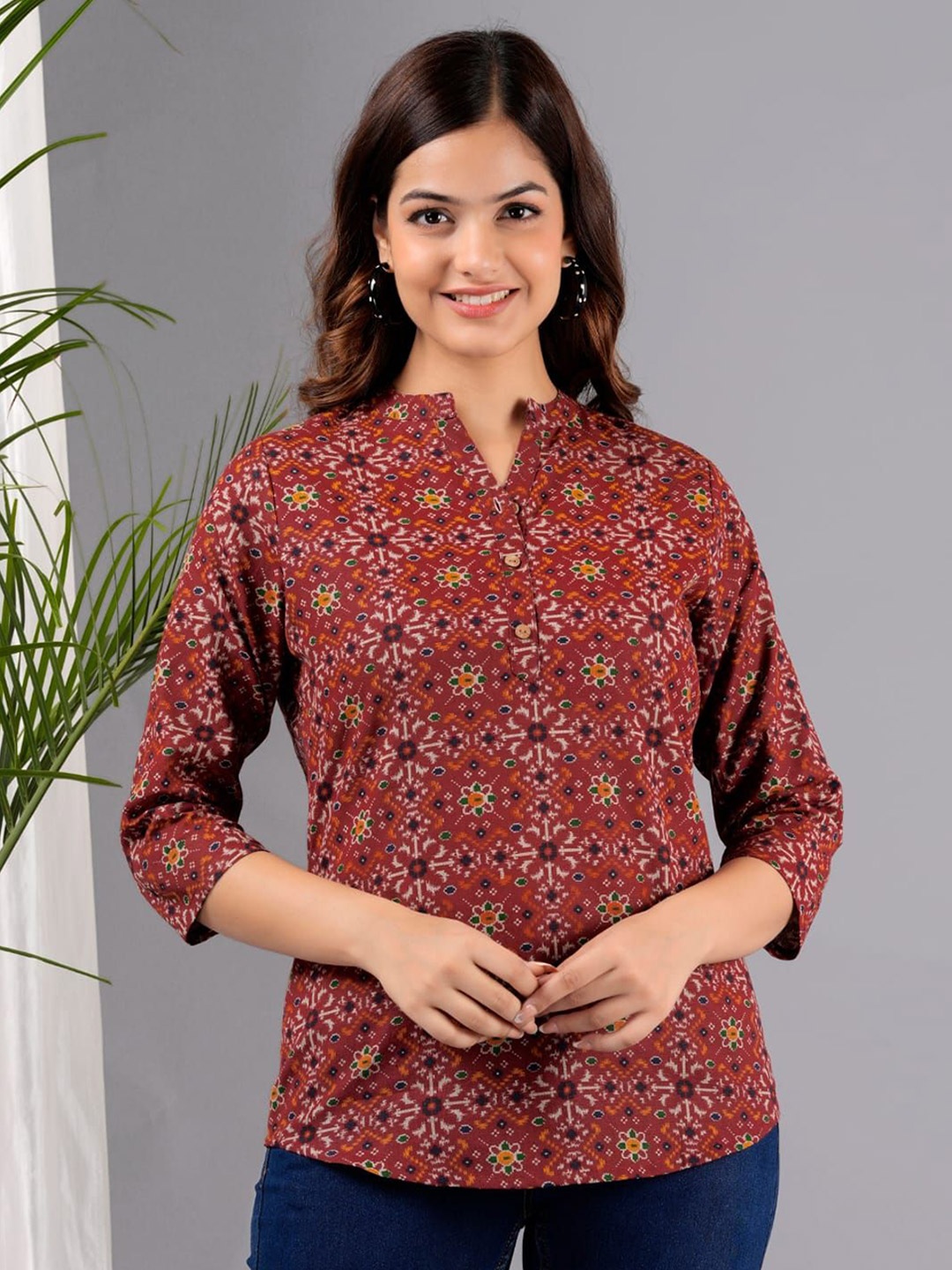 

Jandir Fashion Floral Print Mandarin Collar Chiffon Top, Red