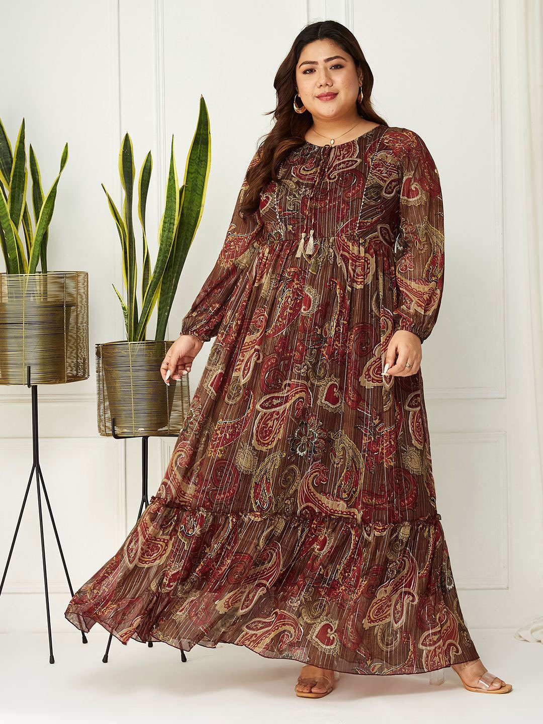 

Miss Chase A+ Ethnic Motifs Print Chiffon Maxi Dress, Brown