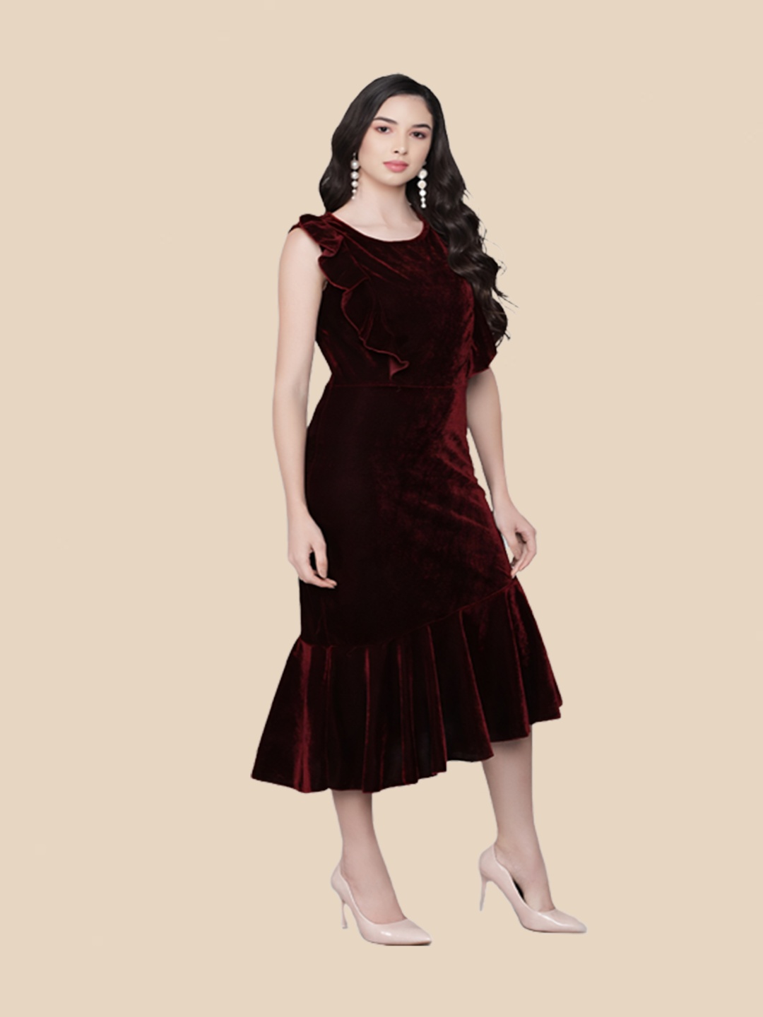 

N N ENTERPRISE Drop-Waist Midi Dress, Maroon