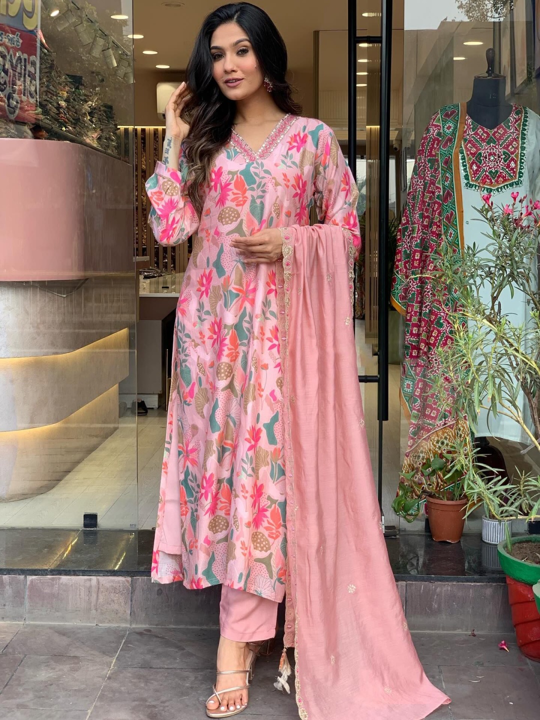 

KALINI Floral Printed V-Neck Straight Kurta with Trousers & Dupatta, Pink