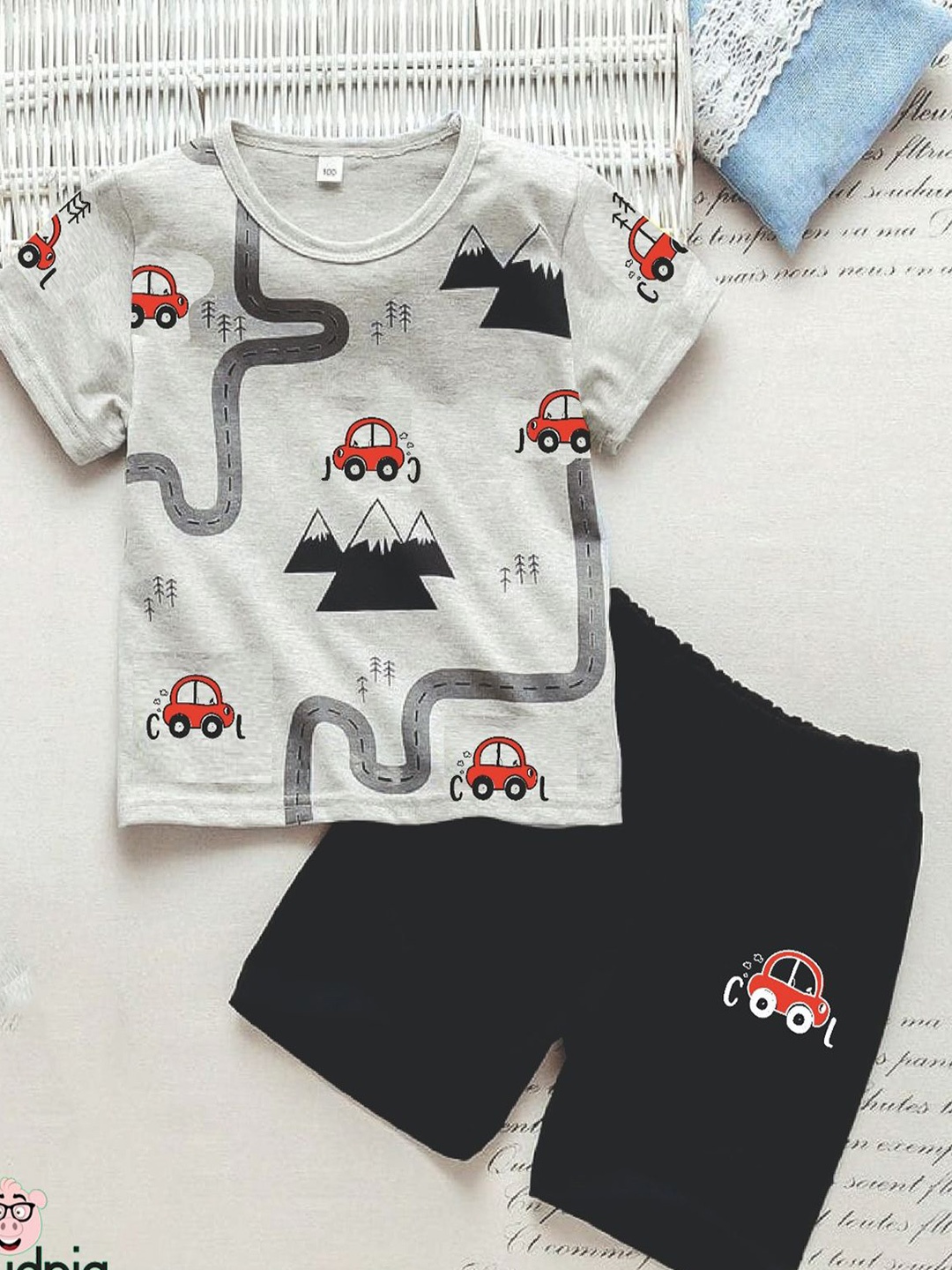 

BILLYBALL Unisex Kids Printed Round Neck Pure Cotton T-Shirt With Shorts, Grey