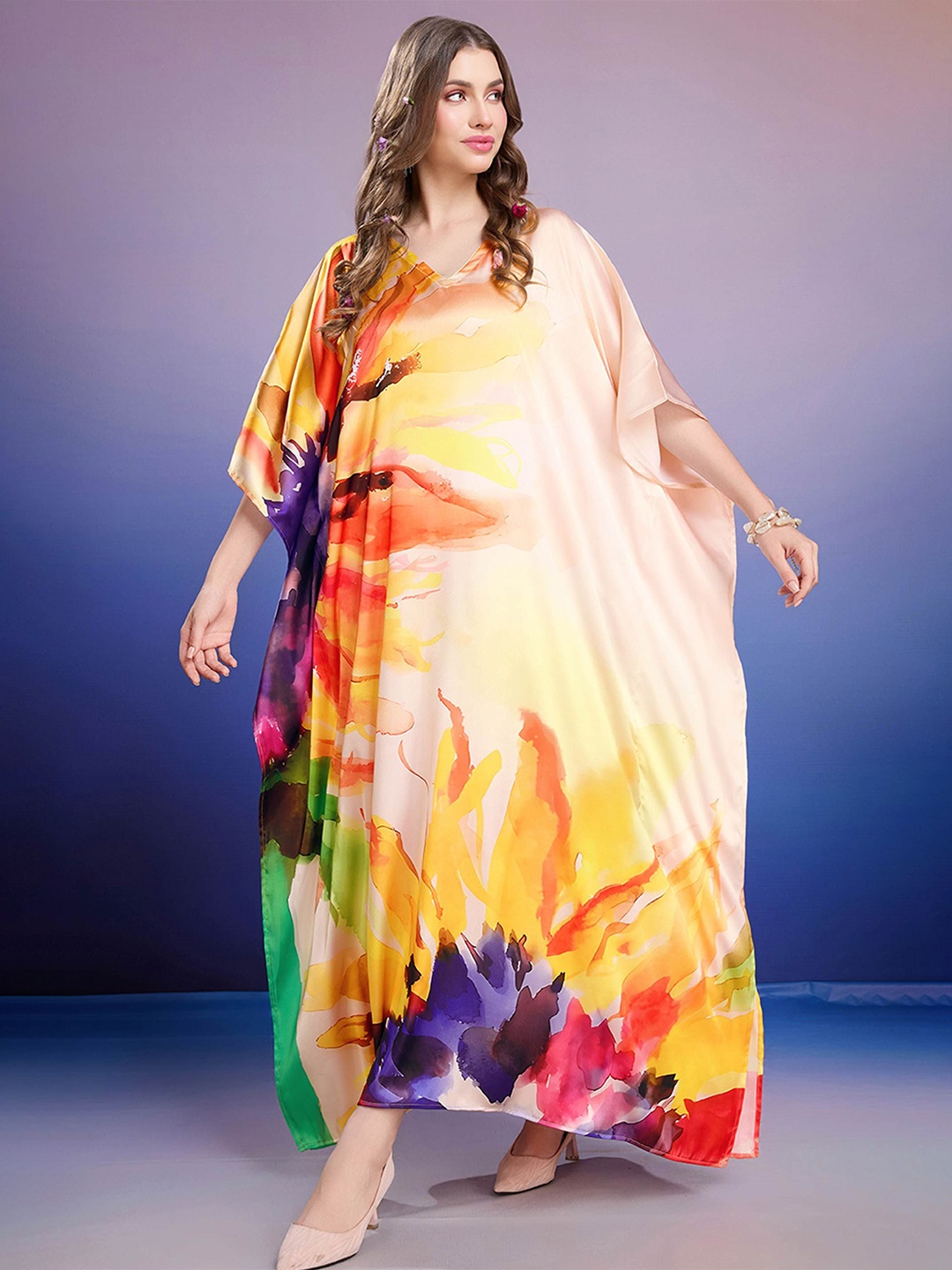 

LABEL AARNA Women Color Burst Soft Satin Kaftan with Digital Print, Orange