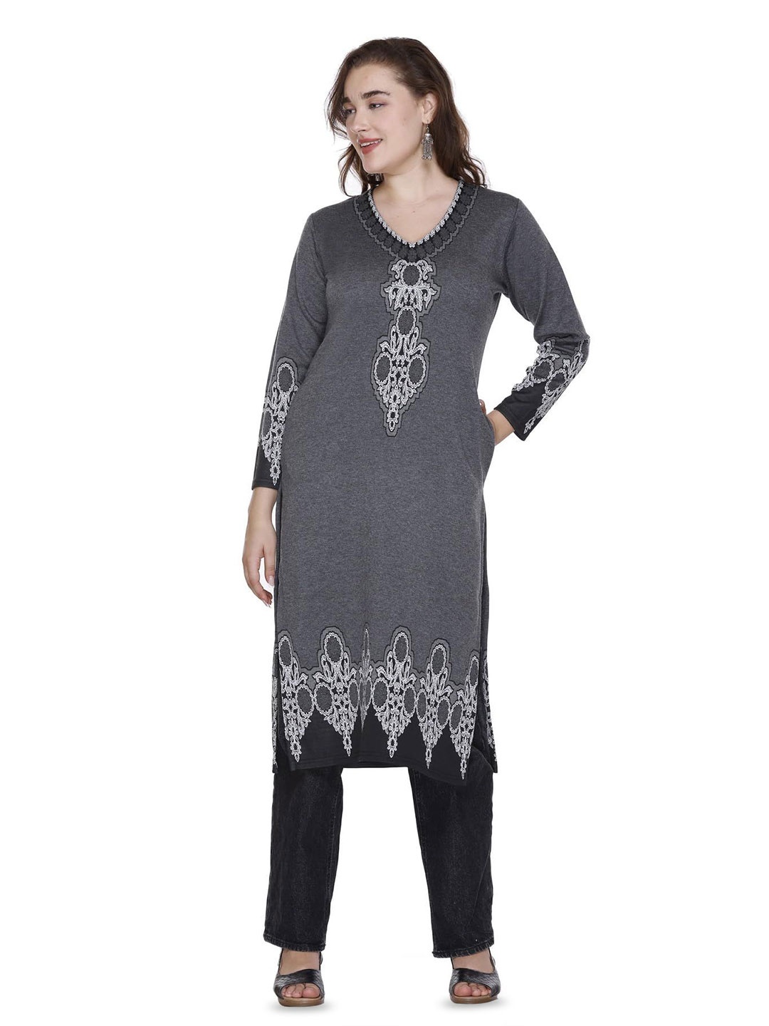 

ROSARY Winter Printed Woolen Long Sleeve Straight Kurta, Charcoal