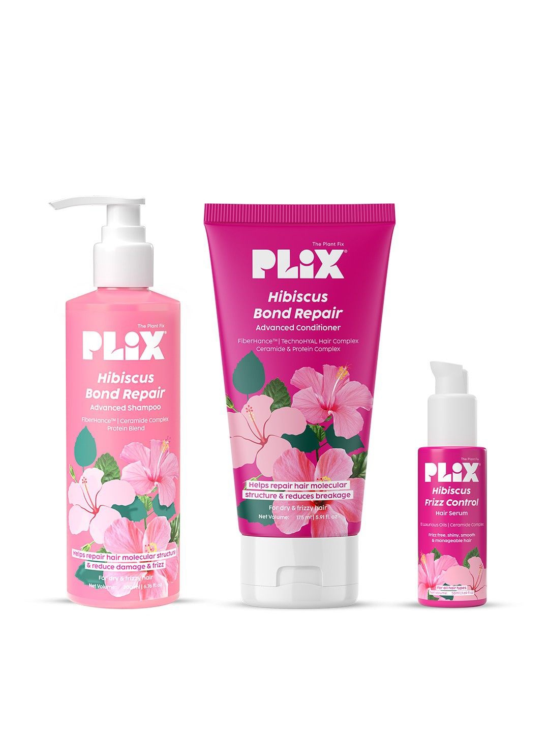 

PLIX THE PLANT FIX Hibiscus Frizz Control Hair Serum With Shampoo & Conditioner, Pink