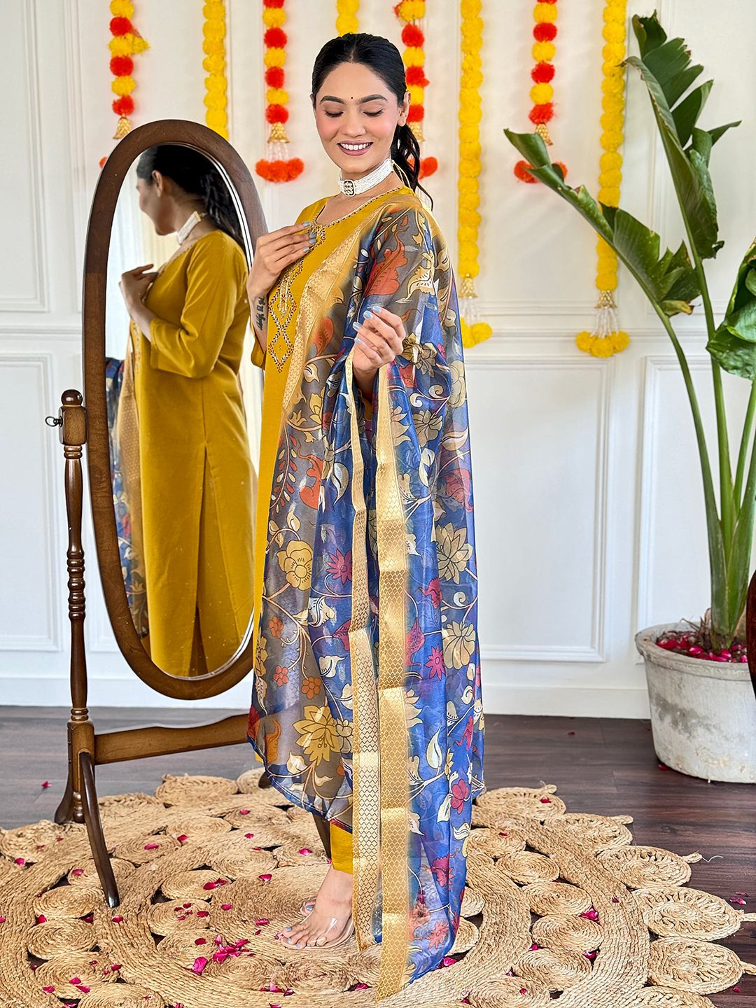 

Siya Fashion Embroidered Yoke Design Sequinned Straight Kurta With Trousers & Dupatta, Yellow
