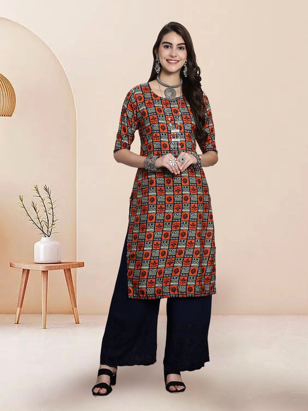 

7Threads Selection Of 5 Ethnic Motifs Printed Round Neck Straight Kurtas, Black