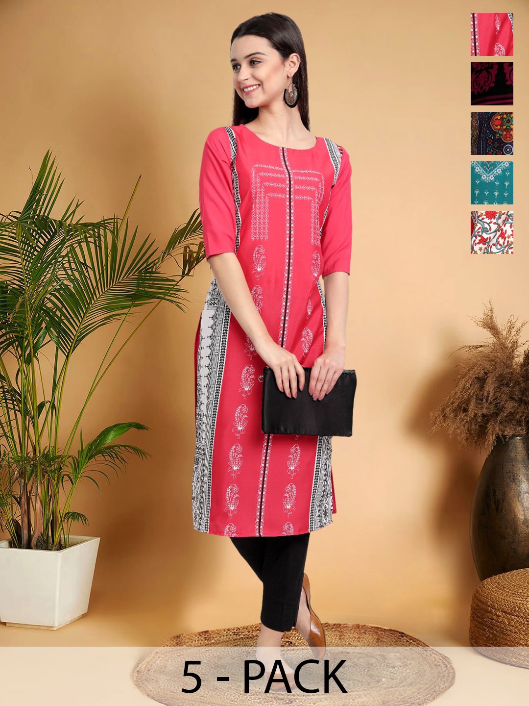 

7Threads Selection Of 5 Ethnic Motifs Printed Round Neck Straight Kurtas, Pink