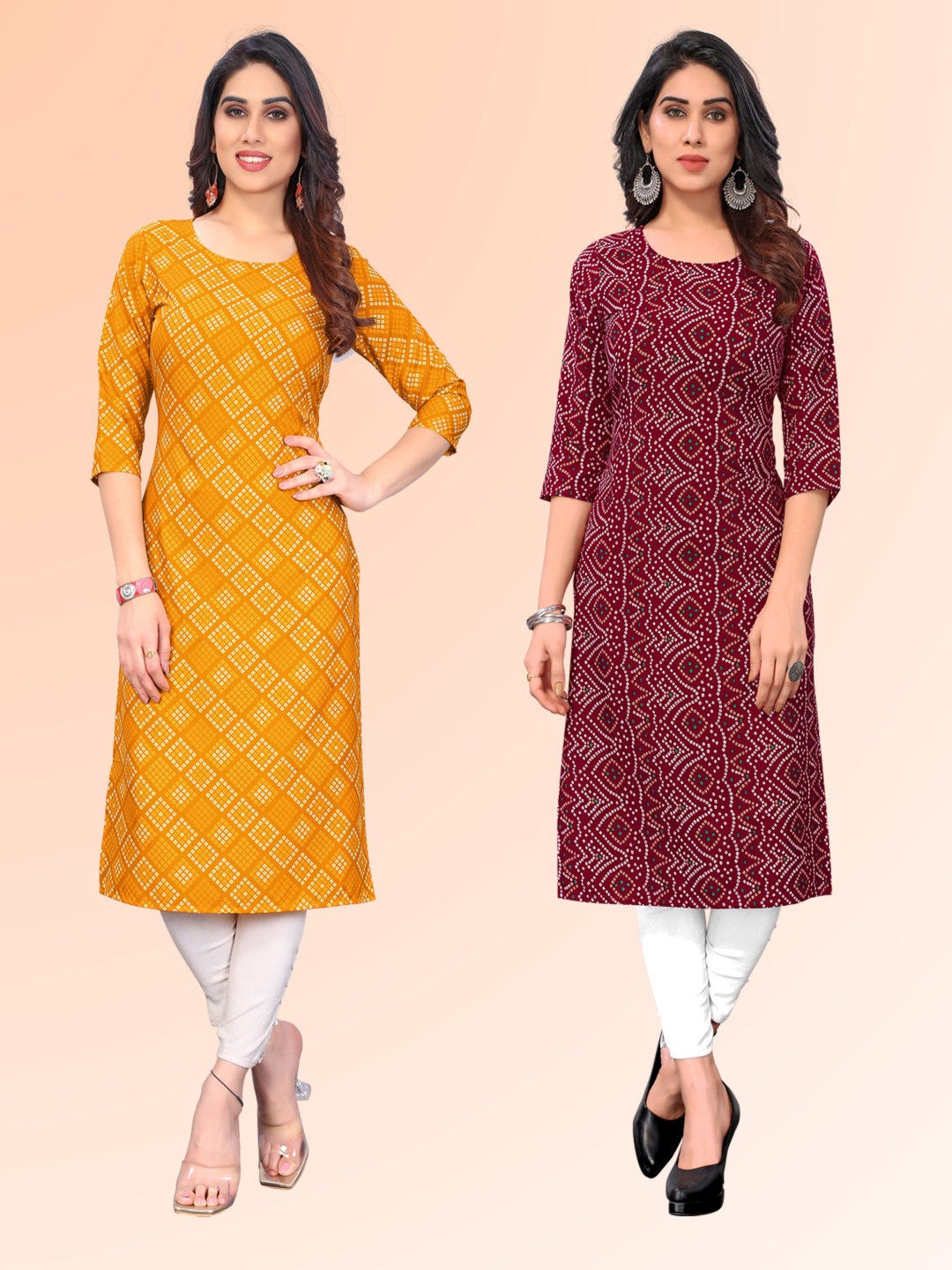 KETAKI FASHION Selection Of 2 Bandhani Printed Round Neck Straight Kurta, Maroon