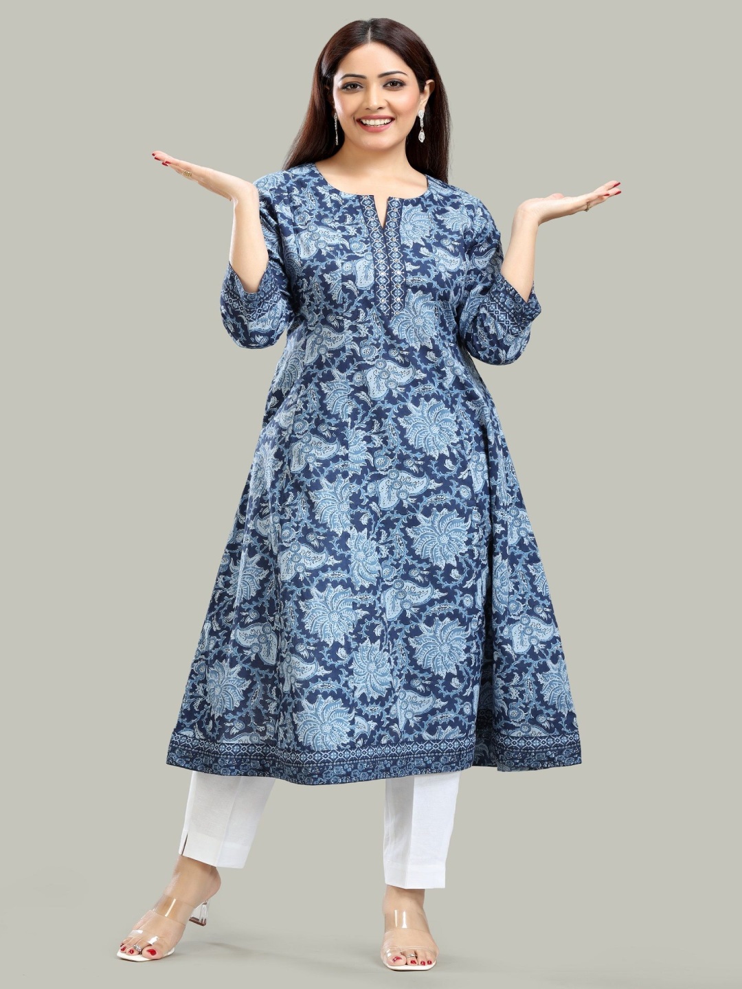 

COTTON CULTURE Women Printed Cold-Shoulder Sleeves Mirror Work Anarkali Kurta, Blue