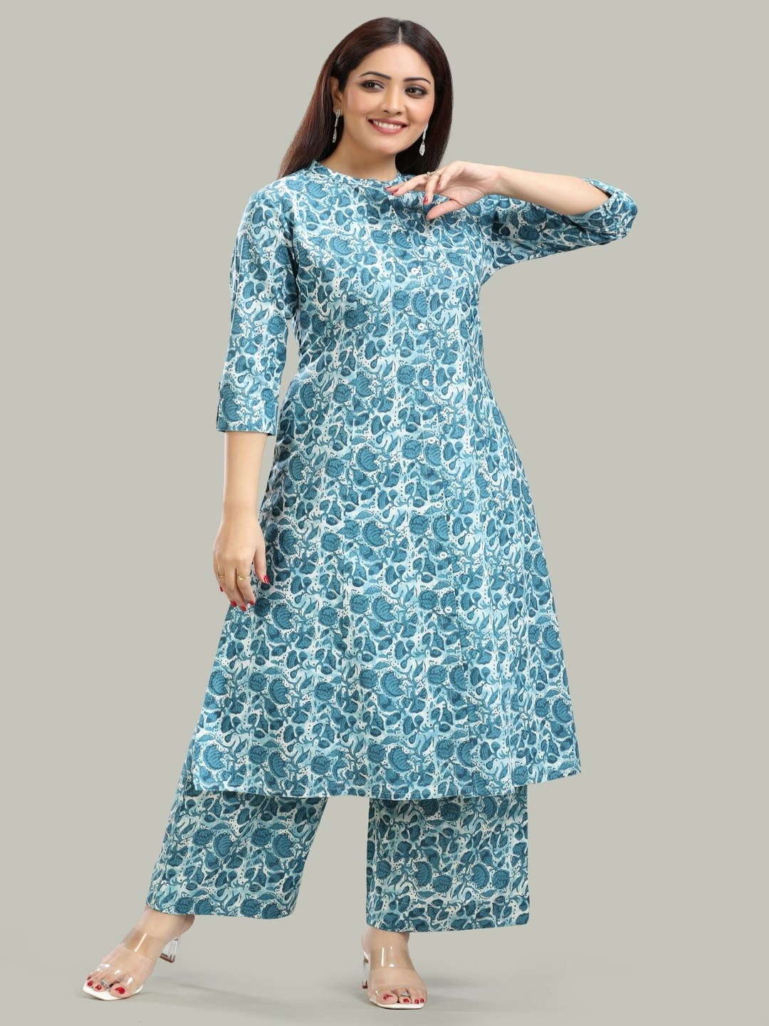 

COTTON CULTURE Floral Printed Mandarin Collar A-line Kurta With Palazzo, Teal