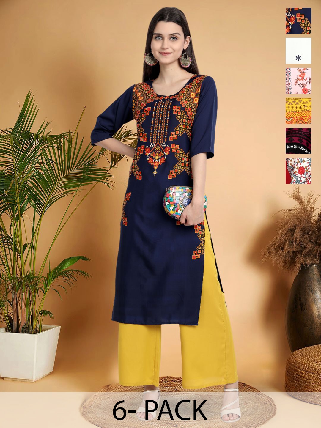 

7Threads Selection Of 6 Ethnic Motifs Printed Round Neck Straight Kurtas, Navy blue