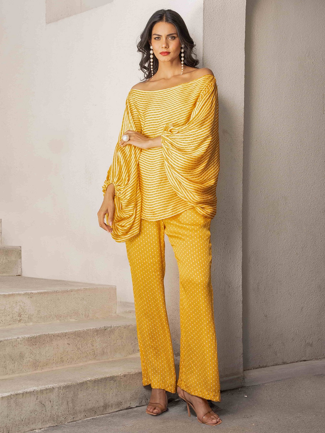 

Pallavi Jaipur Striped Off Shoulder Tunic With Trousers, Yellow