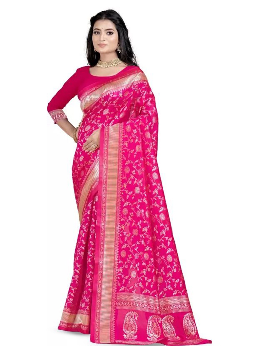 

SAADHVI Floral Zari Pure Silk Designer Kanjeevaram Saree, Pink