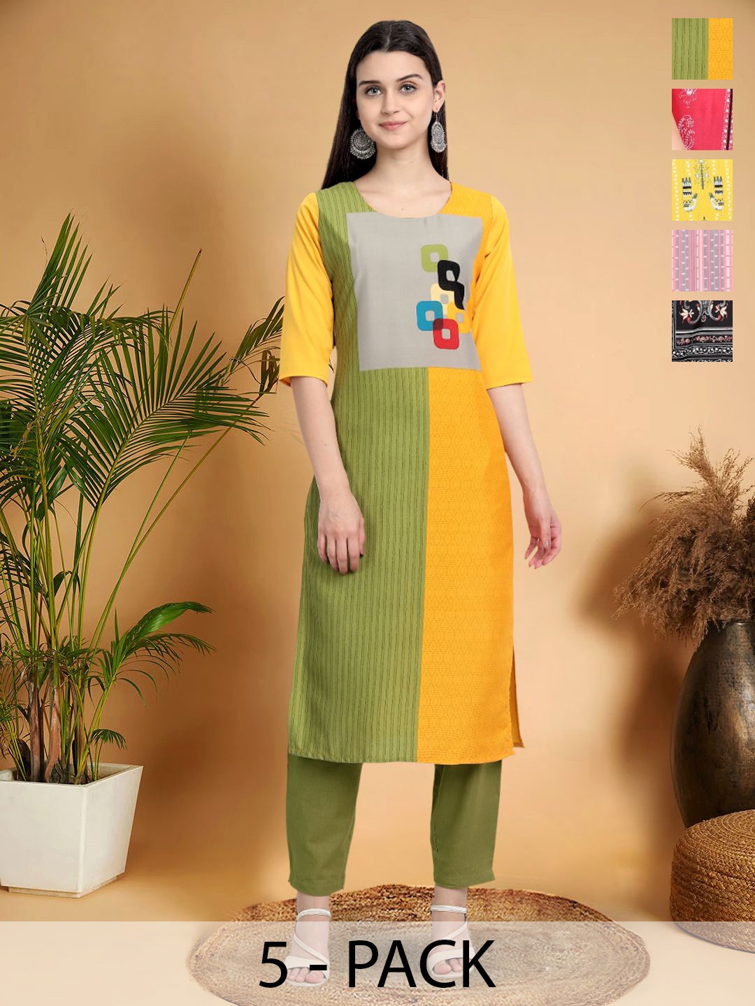 

7Threads Selection Of 5 Geometric Printed Round Neck Straight Kurtas, Green