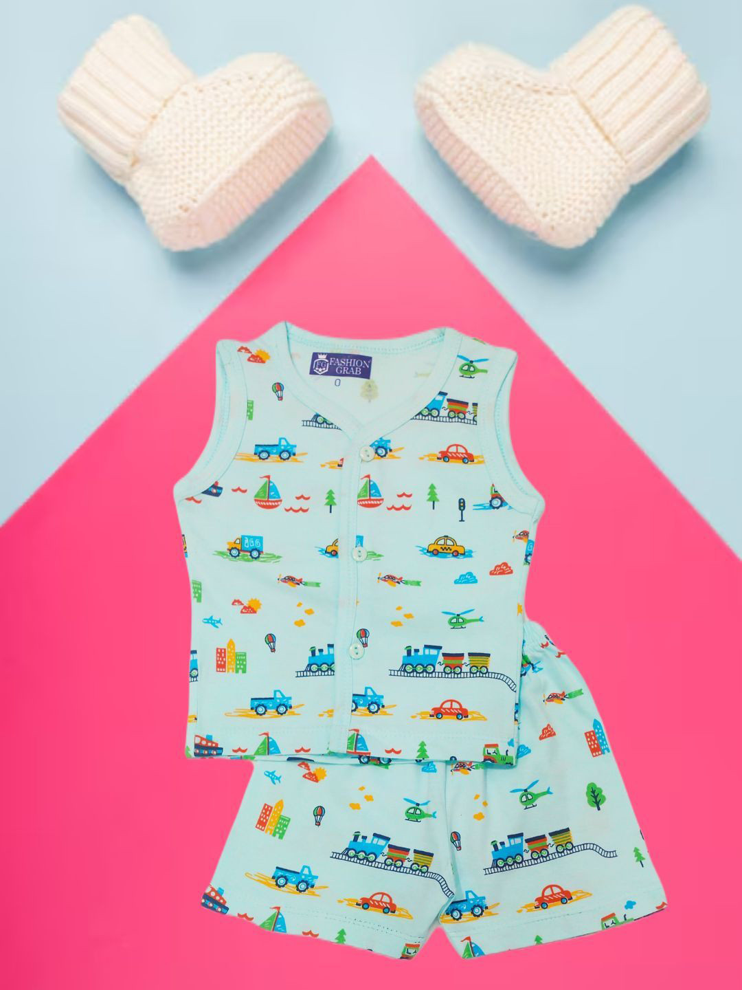 

FASHION GRAB Infants Printed Pure Cotton Jhabla With Shorts, Blue