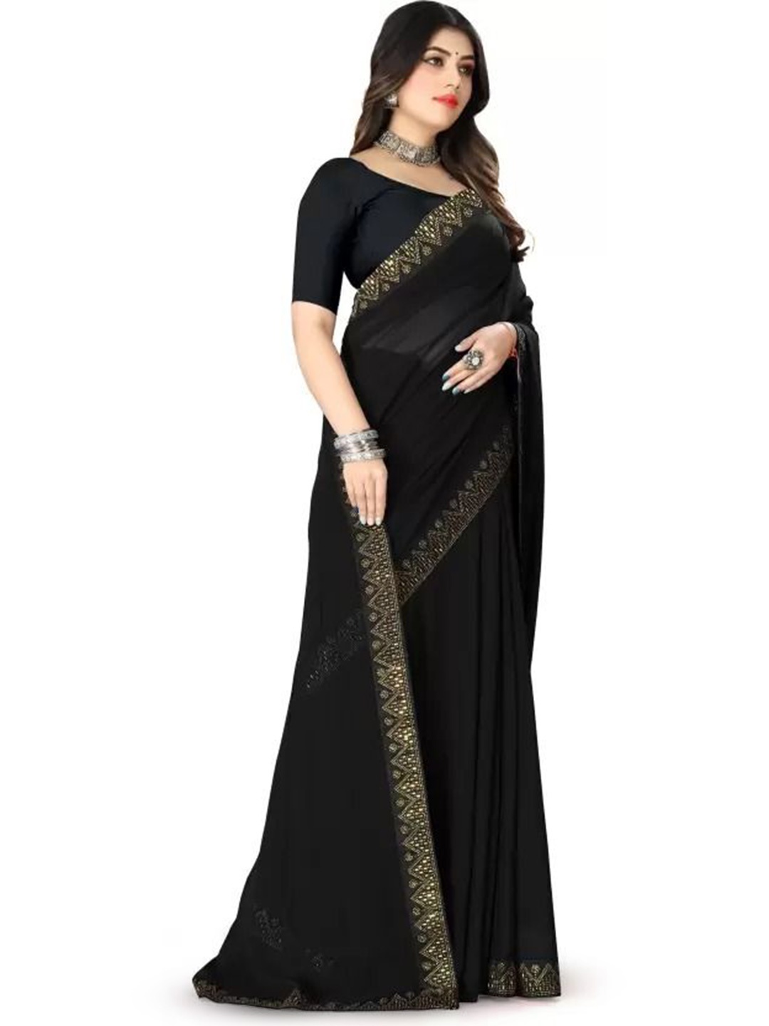 

Florence Beads and Stones Pure Georgette Saree, Black