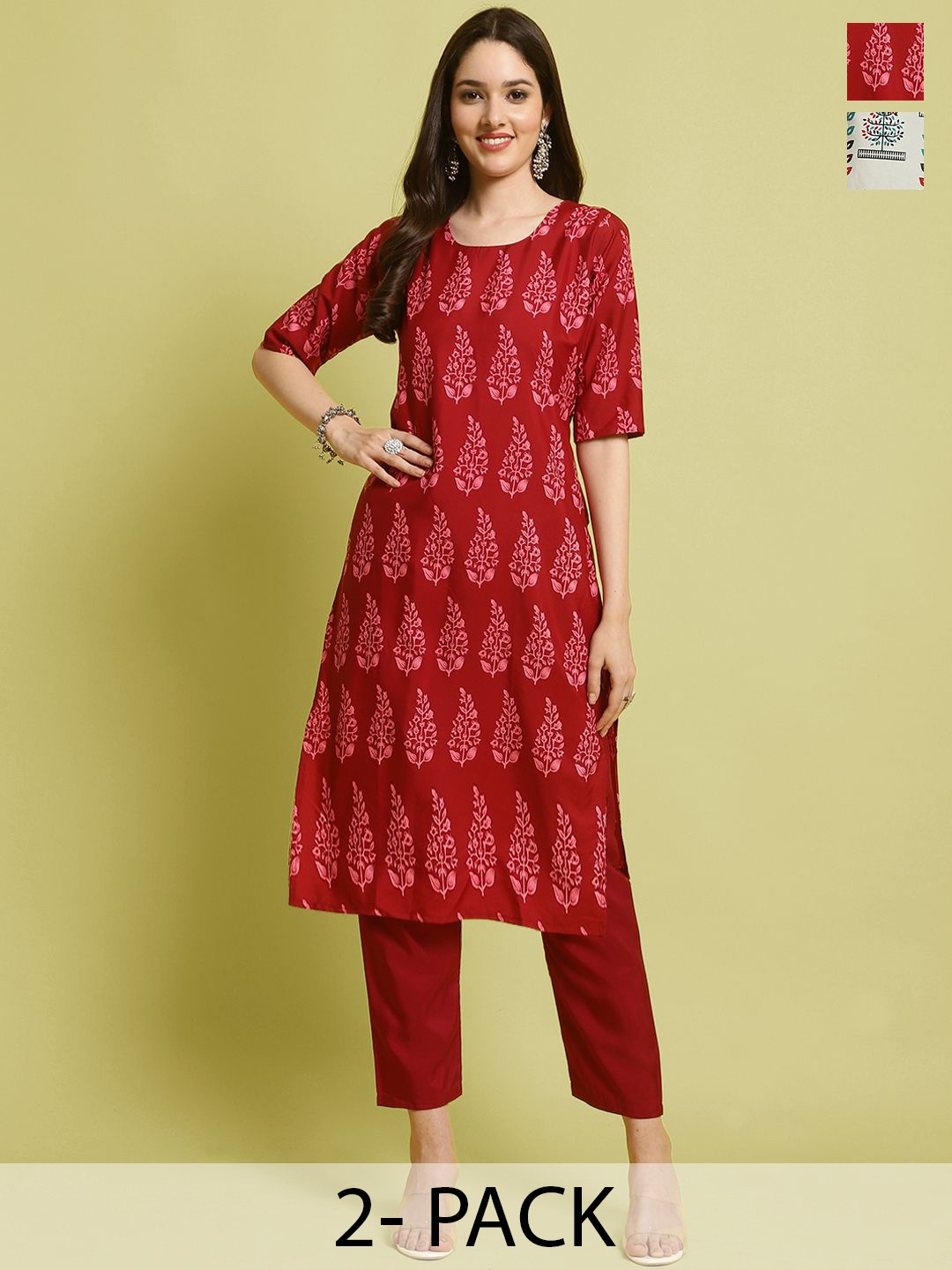 

7Threads Selection Of 2 Floral Printed Straight Kurta With Trousers, Red