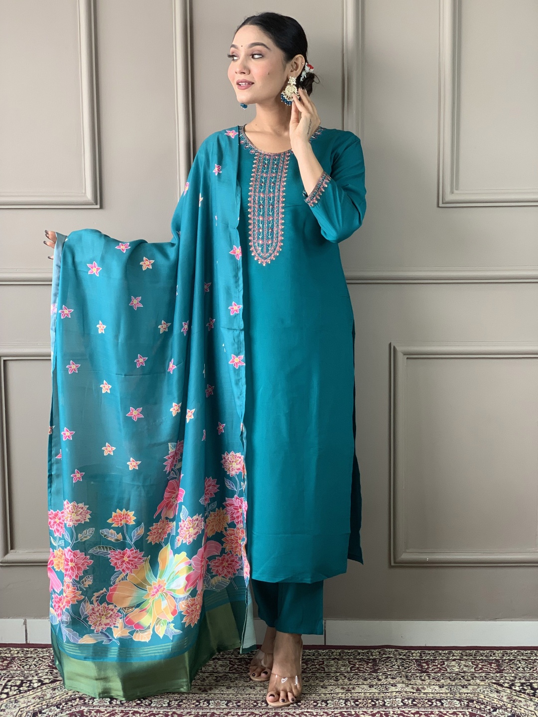 

Siya Fashion Floral Embroidered Thread Work Straight Kurta With Trousers And Dupatta, Blue