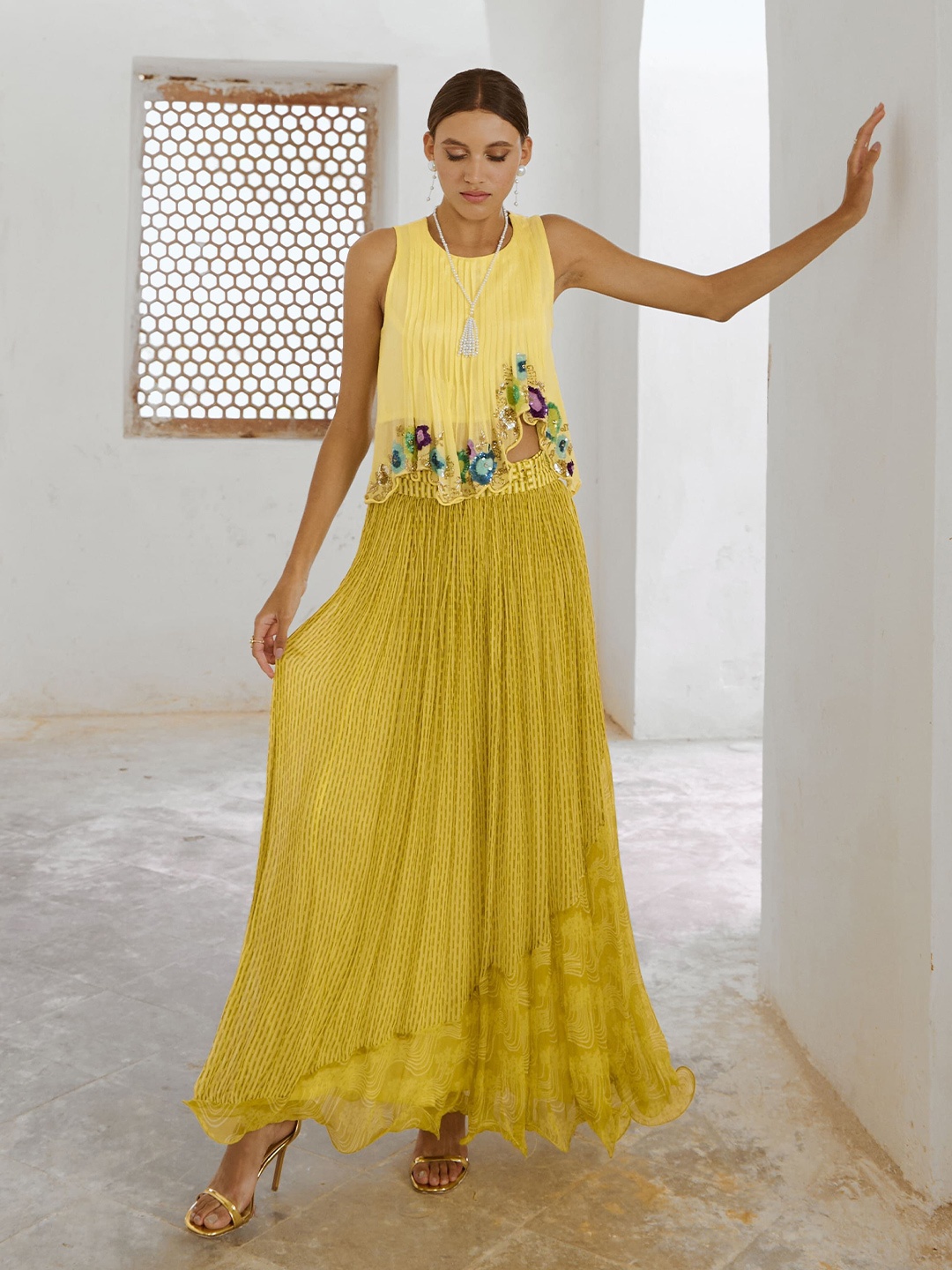 

Pallavi Jaipur Floral Embroidered Round Neck Top With Skirt With Belt, Lime green