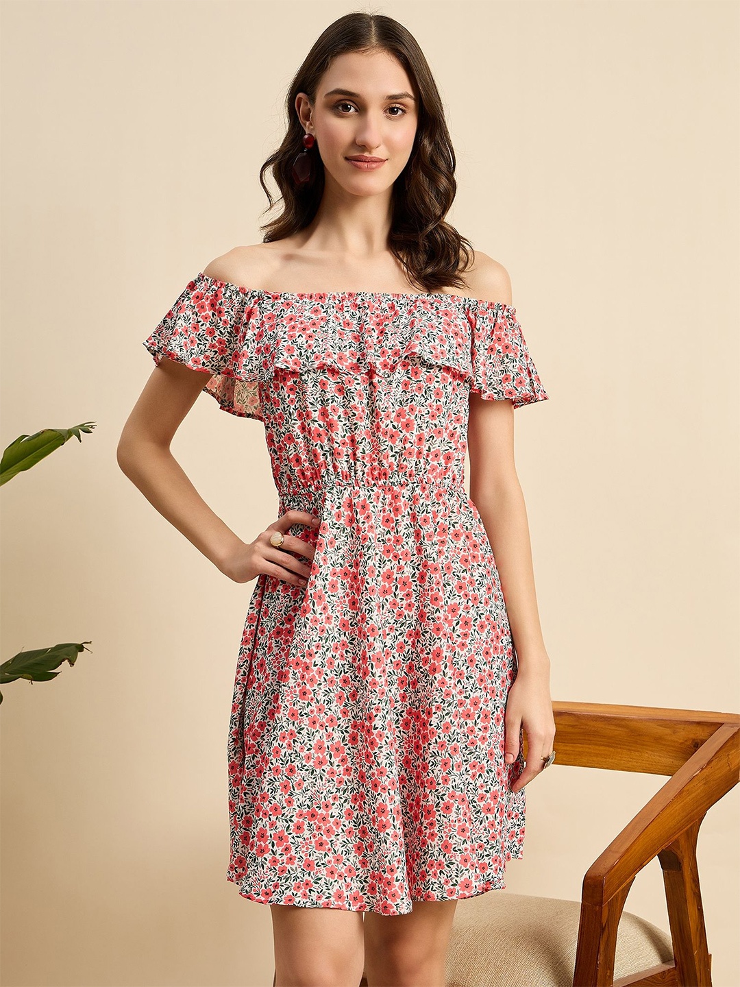 

Mast & Harbour Floral Print Off-Shoulder Crepe A-Line Dress, Red