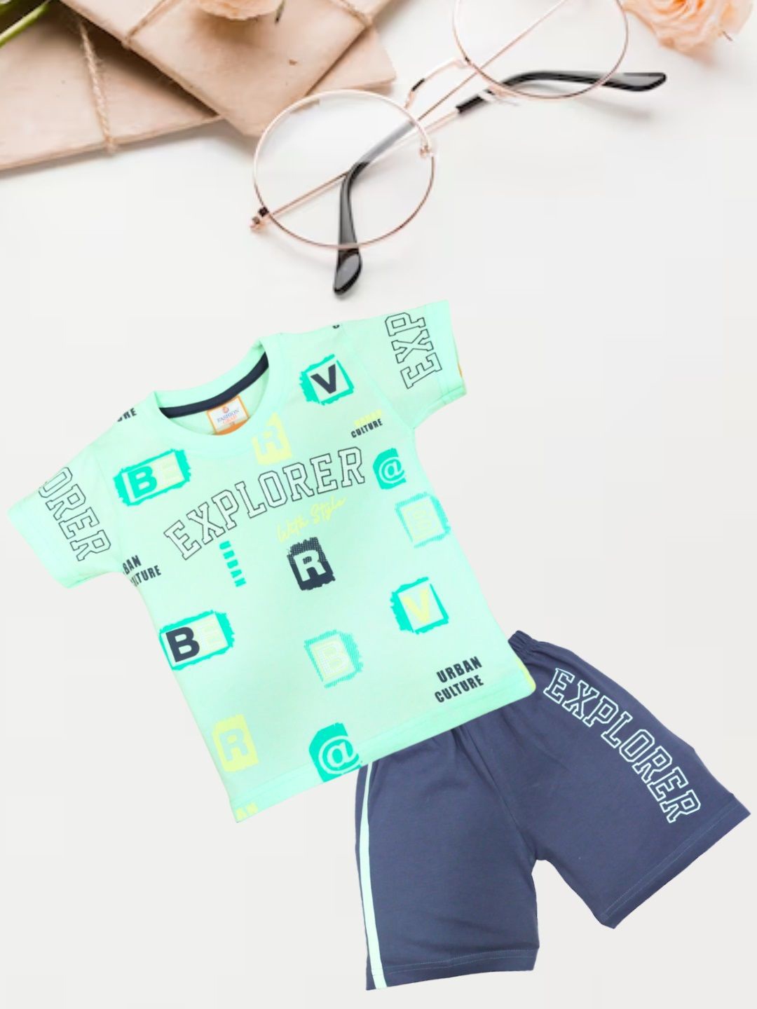 

FASHION GRAB Kids Printed Pure Cotton T-Shirt With Shorts, Sea green