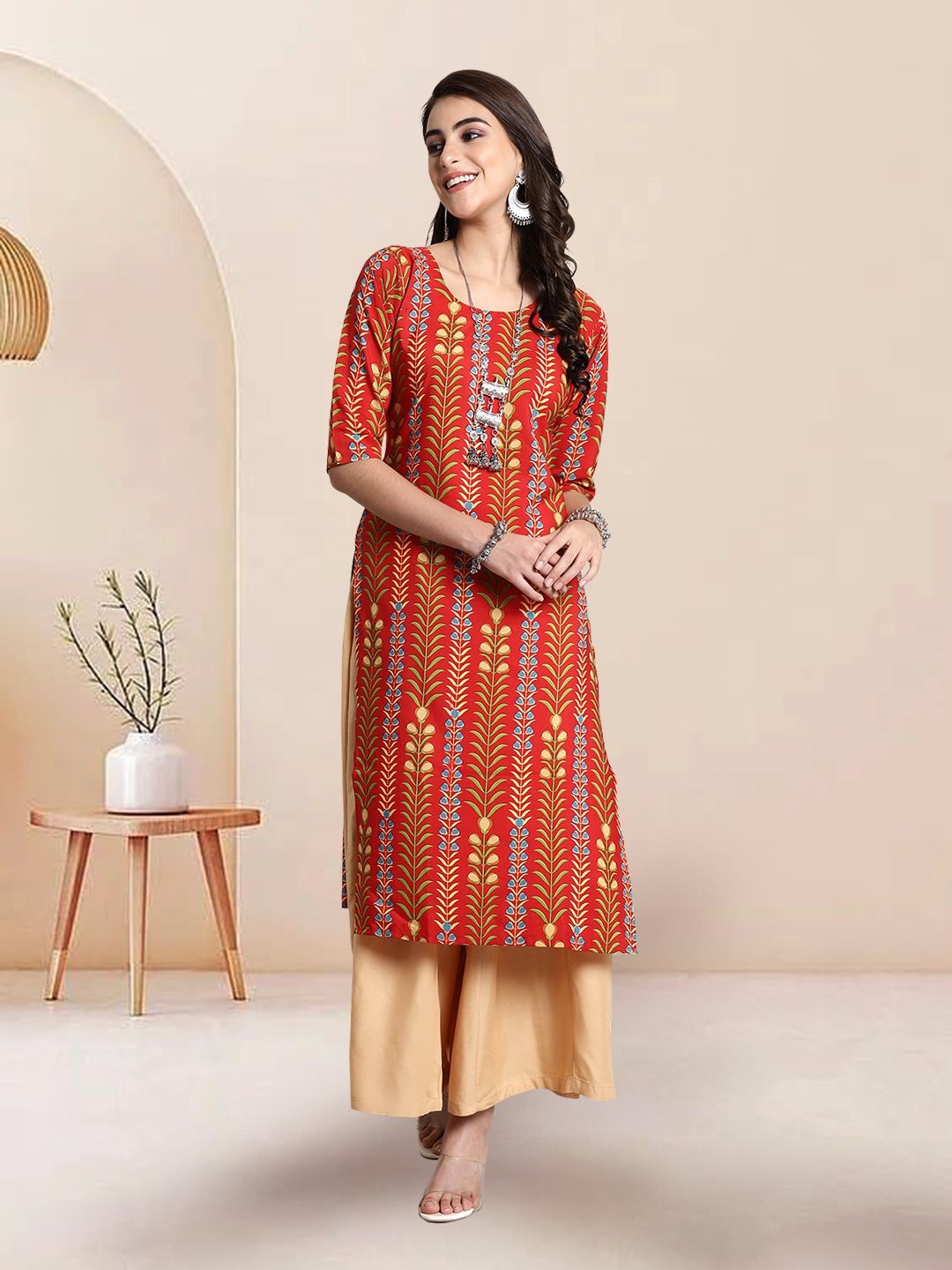 

7Threads Selection Of 5 Ethnic Motifs Printed Round-Neck Straight Kurtas, Red