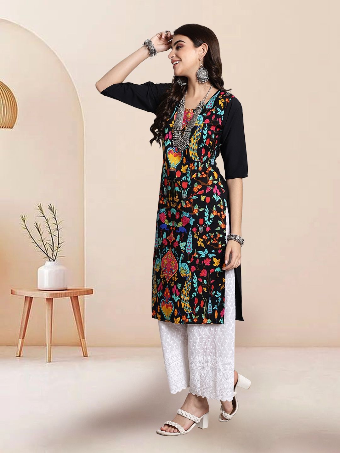 

7Threads Selection Of 2 Ethnic Motifs Printed Round Neck Straight Kurtas, Black