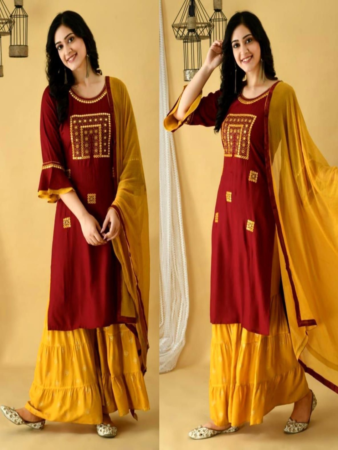 

Lookmark Ethnic Motifs Embroidered Straight Mirror Work Kurta with Sharara & Dupatta, Maroon