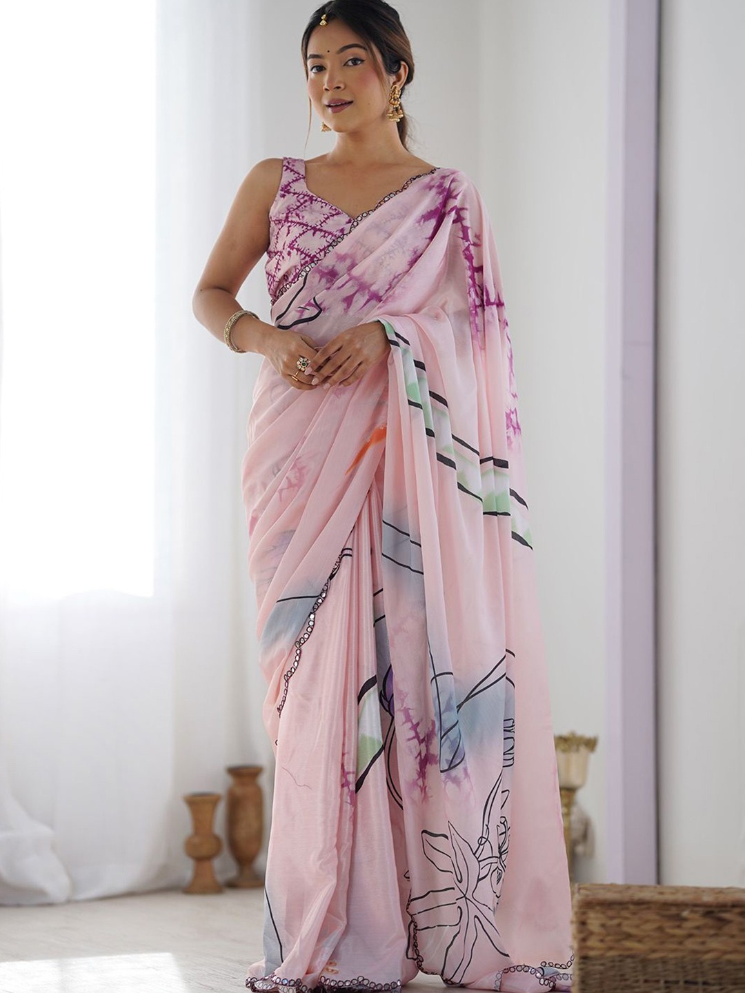 

Panzora Mirror Work Poly Chiffon Saree, Pink