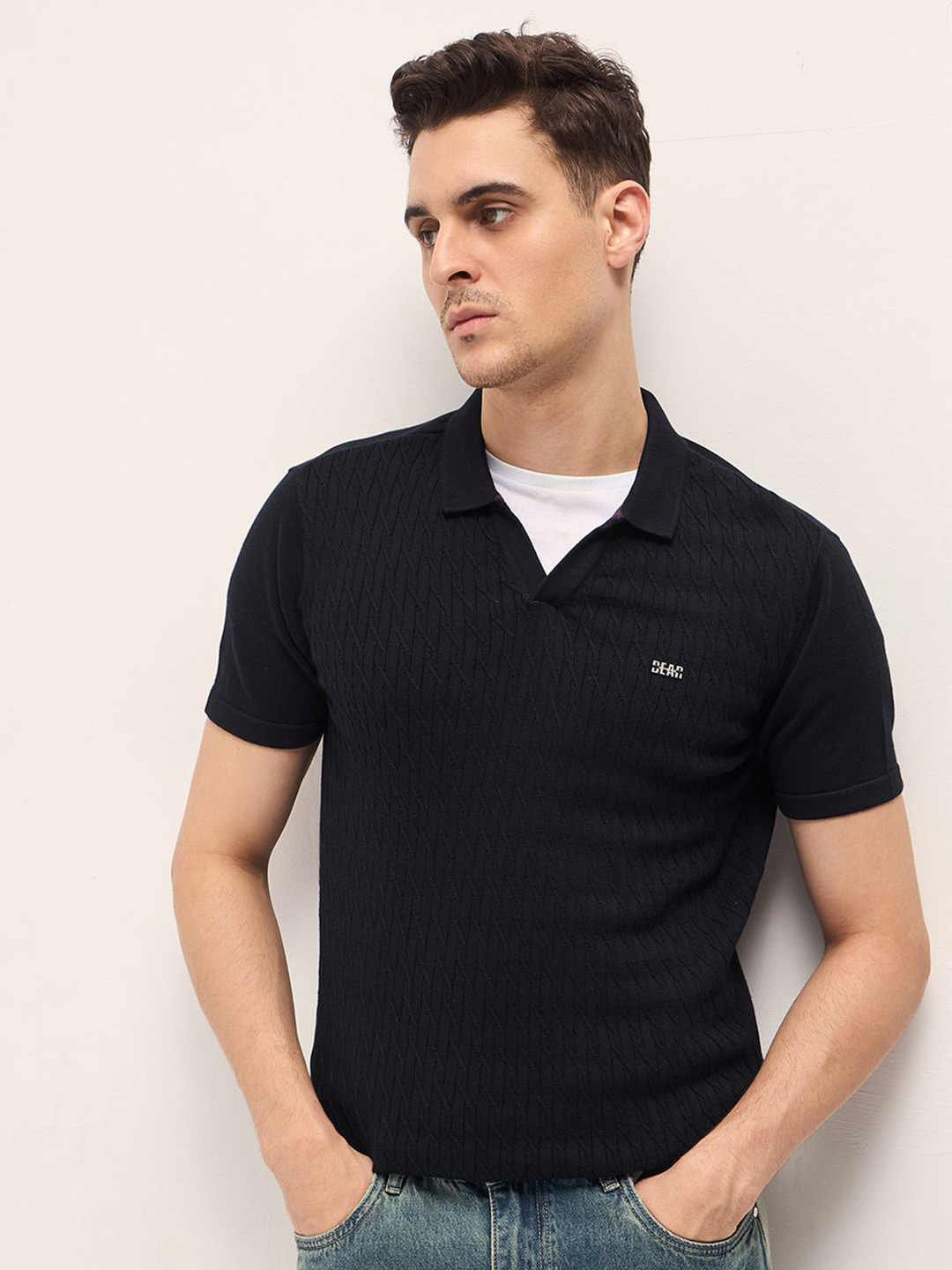 

THE BEAR HOUSE Men Self Design Polo Collar Cotton T-shirt, Black