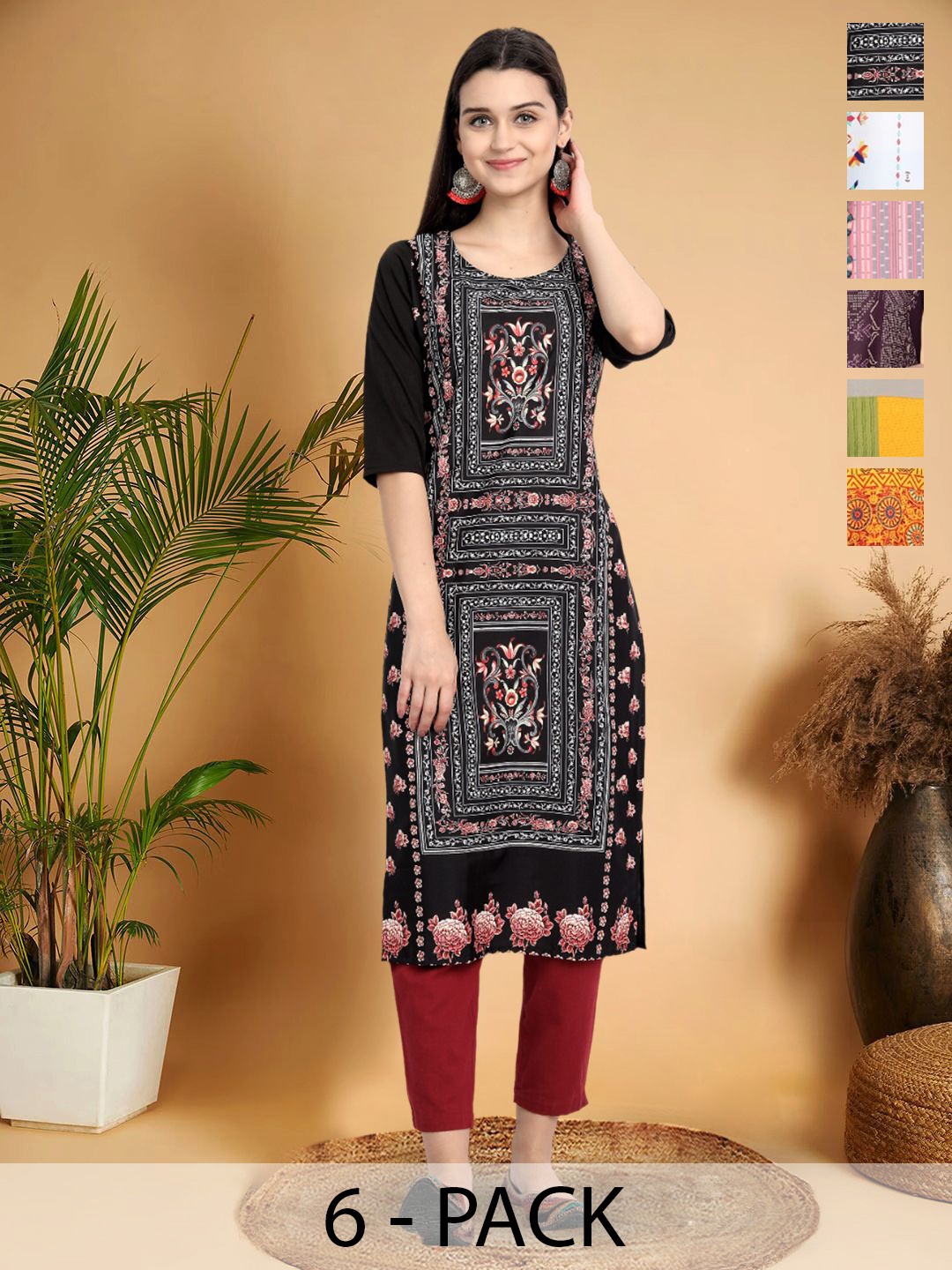 

7Threads Selection Of 6 Ethnic Motifs Printed Round Neck Kurtas, Black