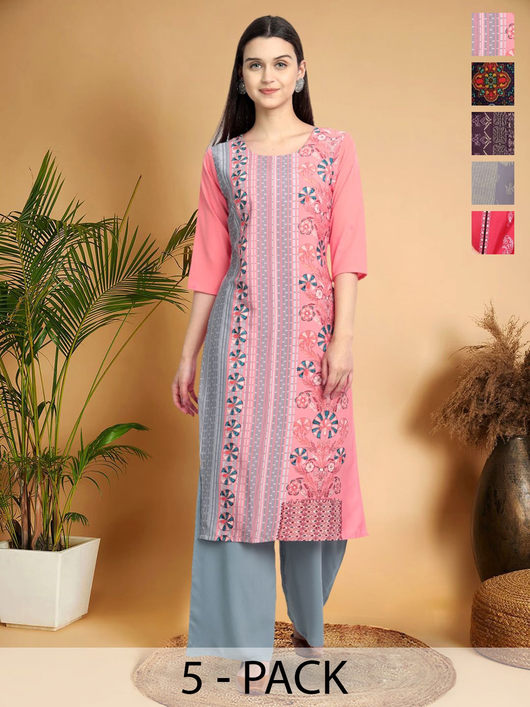 

7Threads Selection Of 5 Ethnic Motifs Printed Straight Kurtas, Pink