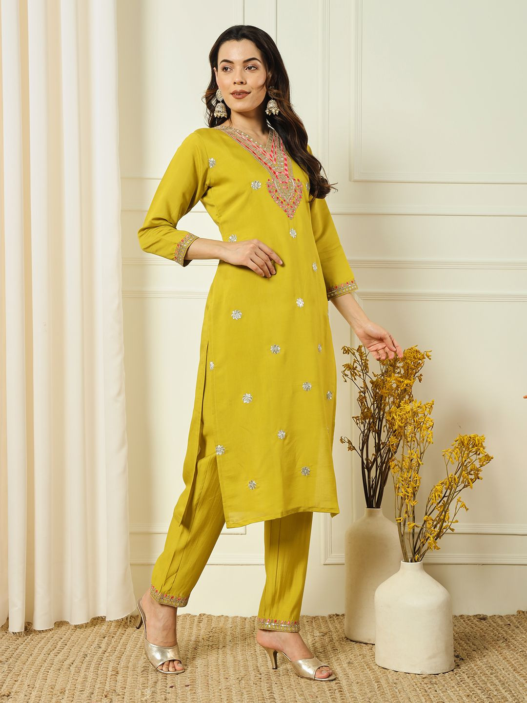 

XAYCRA CREATION Floral Embroidered V-Neck Pure Silk Straight Kurta With Trouser & Dupatta, Yellow