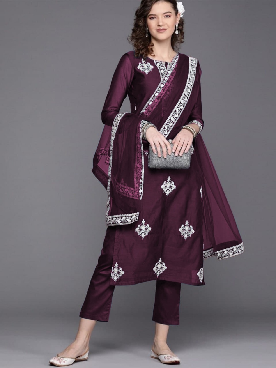 

BAESD Women Floral Embroidered Regular Thread Work Kurta with Trousers & With Dupatta, Purple