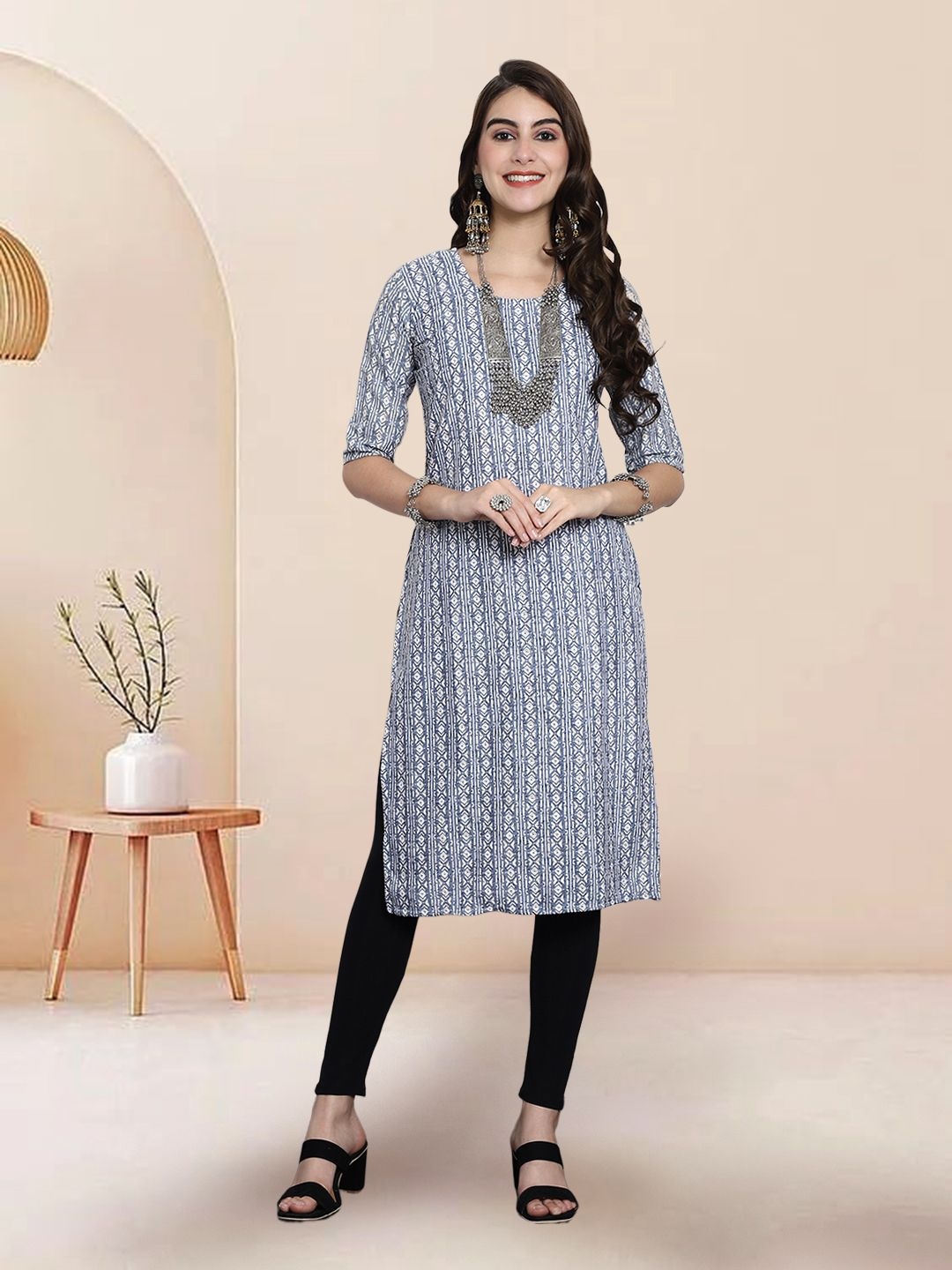 

7Threads Selection Of 3 Geometric Printed Round Neck Straight Kurtas, Blue