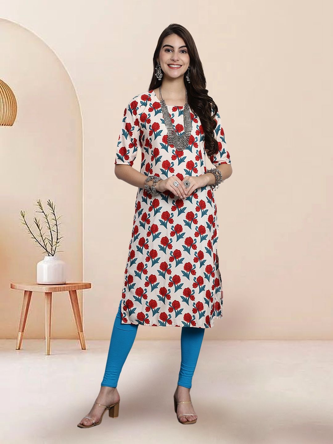 

7Threads Selection Of 4 Floral Printed Round Neck Straight Kurtas, Beige