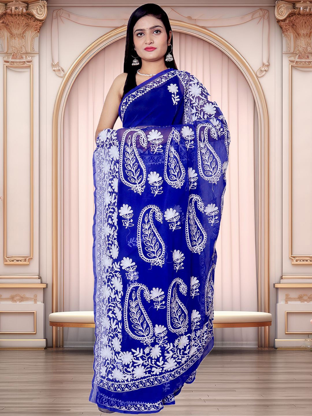 

ADR CHIKAN Ethnic Motifs Aari Work Pure Georgette Saree, Blue