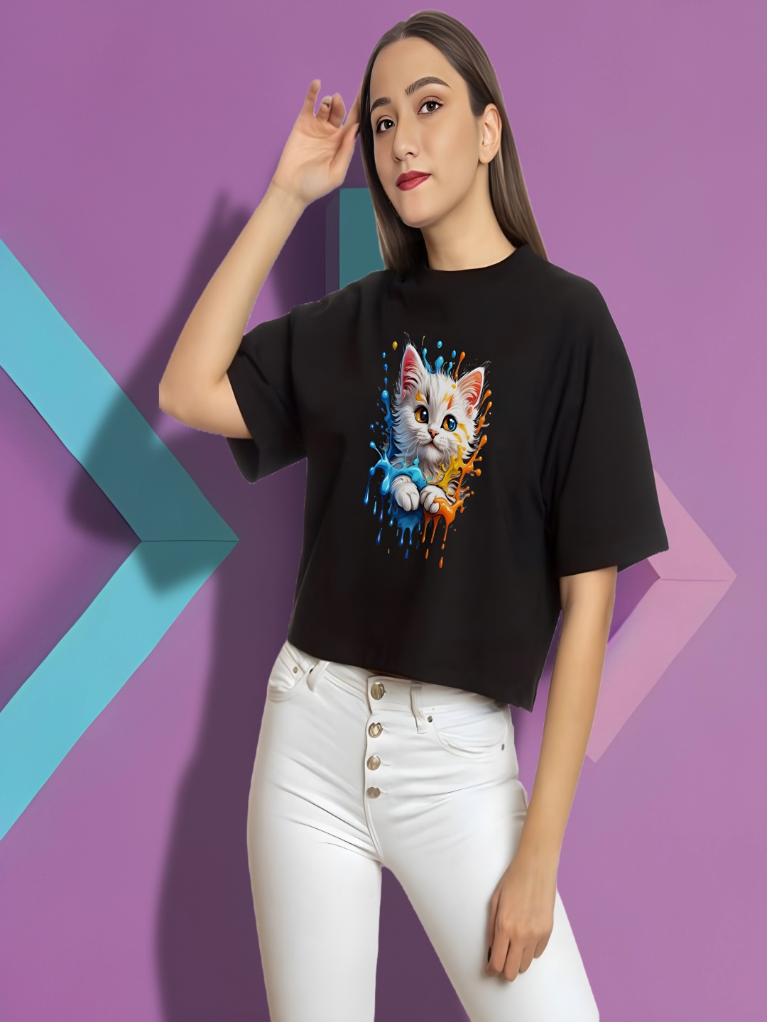 

Elibolz Women Printed Extended Sleeves T-shirt, Black