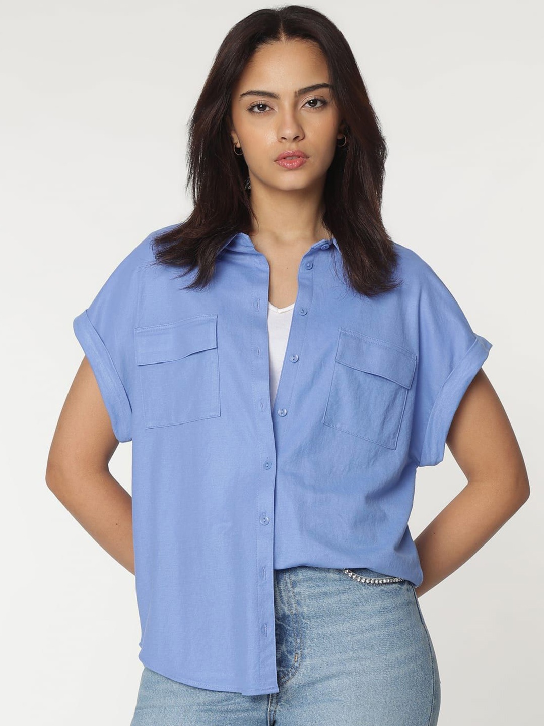 

Marks & Spencer Women Spread Collar Solid Casual Shirt, Blue