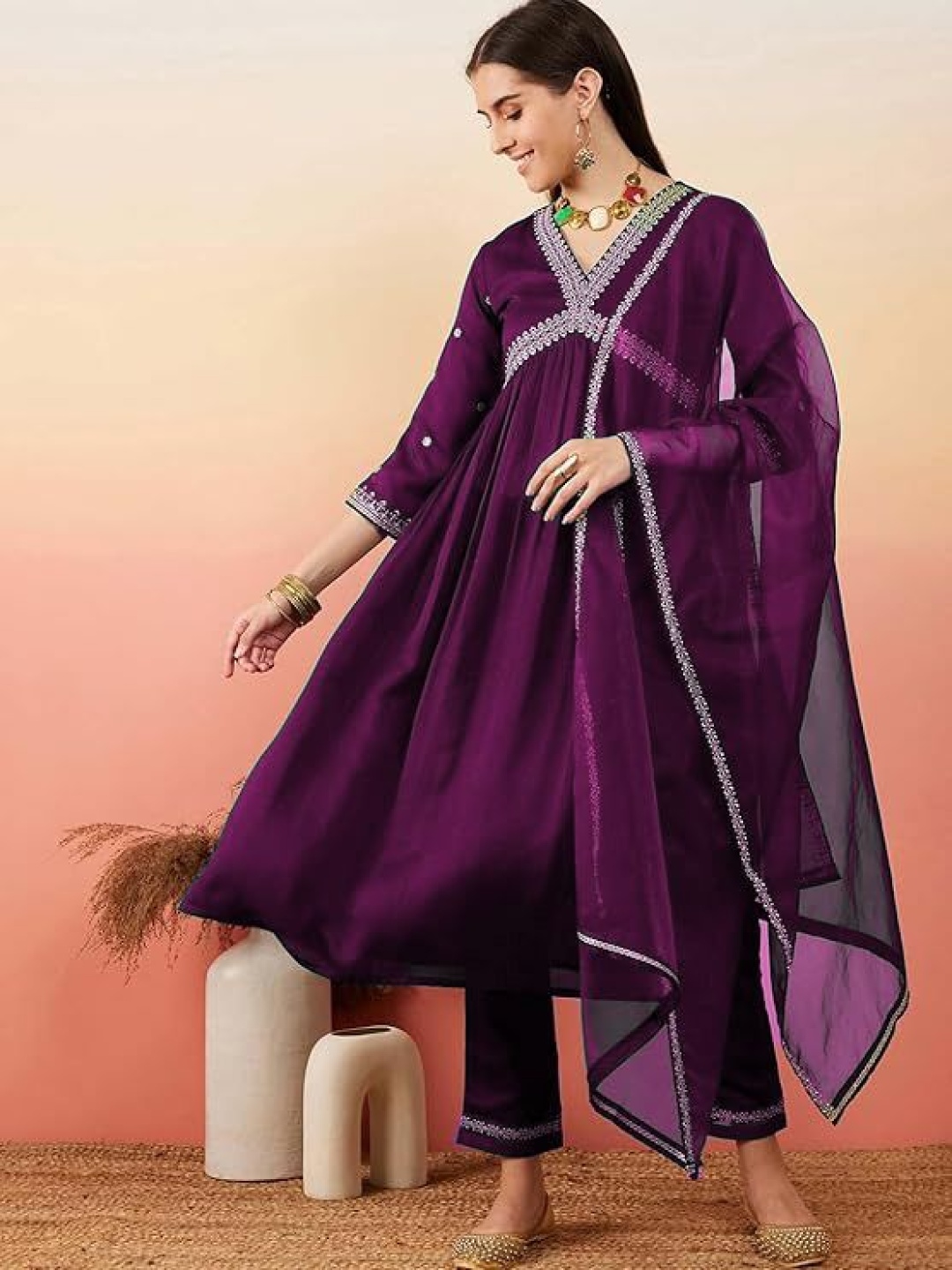 

Lookmark Women Yoke Design Regular Thread Work Kurta with Trousers & With Dupatta, Purple