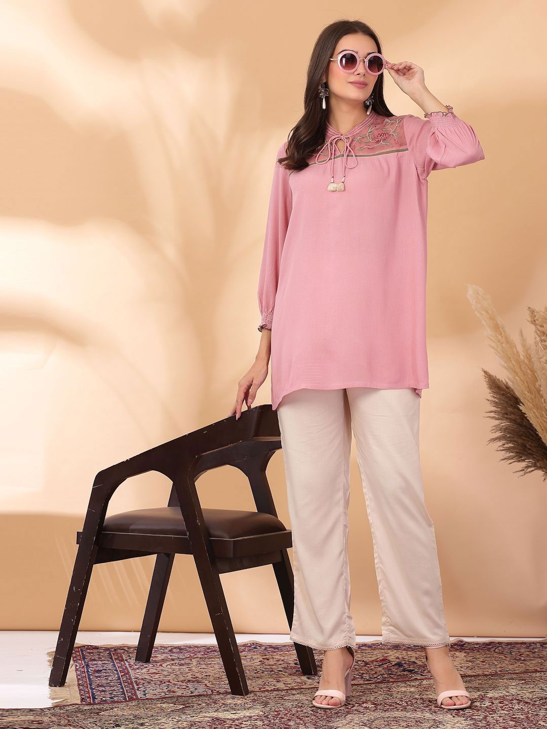 

Nayam By Lakshita Floral Embroidered Thread Work Thread Work Kurti, Pink