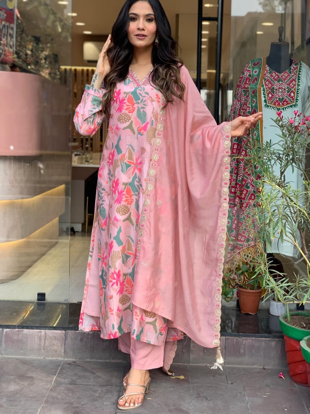 

Anni Designer Floral Printed V-Neck Straight Kurta with Trousers and Dupatta, Pink