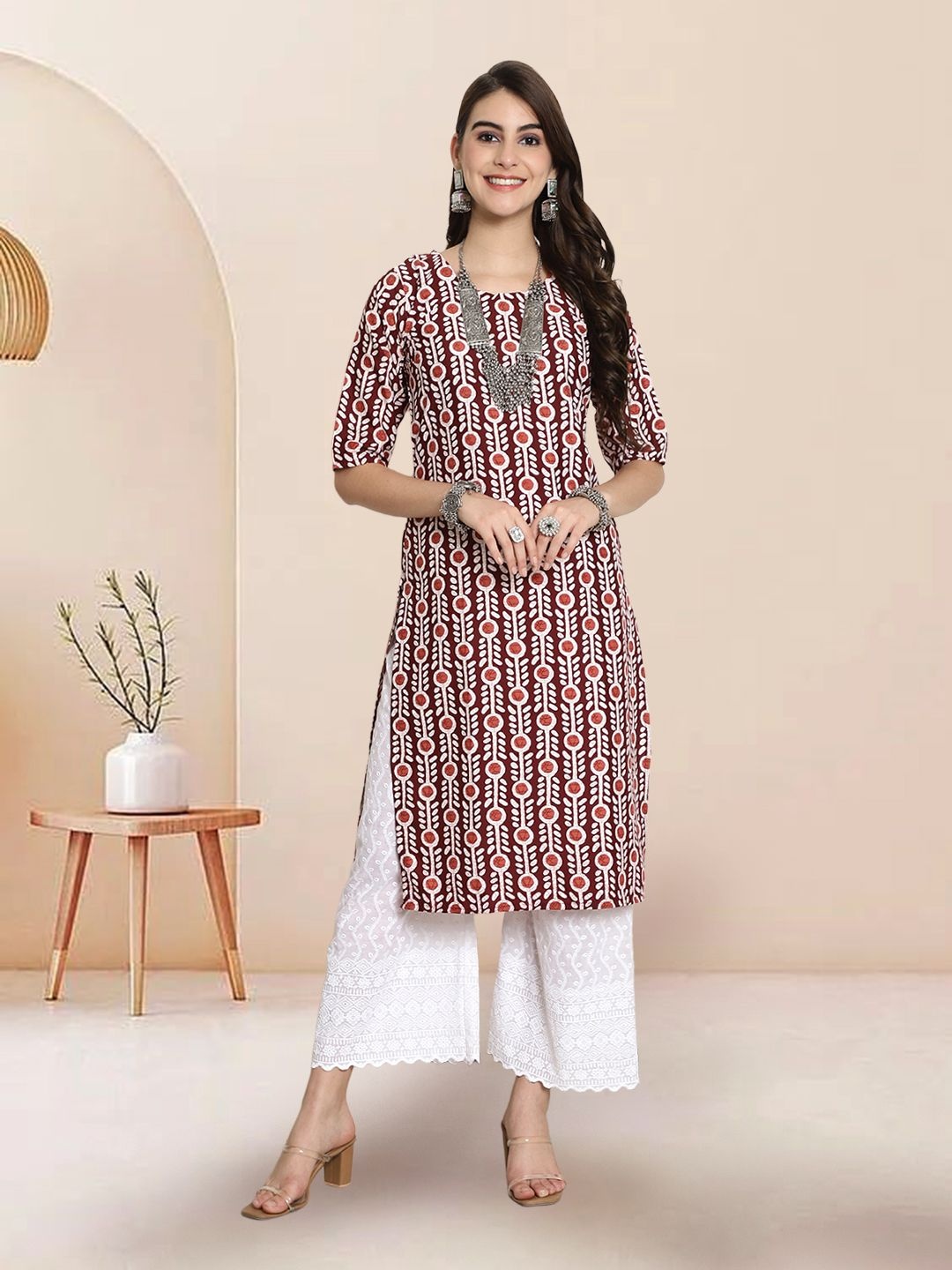 

7Threads Selection of 5 Ethnic Motifs Printed Round Neck Straight Kurtas, Maroon