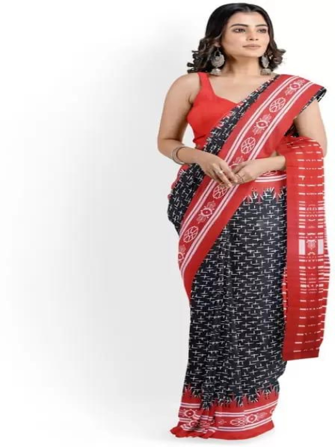 

KIAARON Ethnic Motifs Pure Cotton Block Print Saree, Red