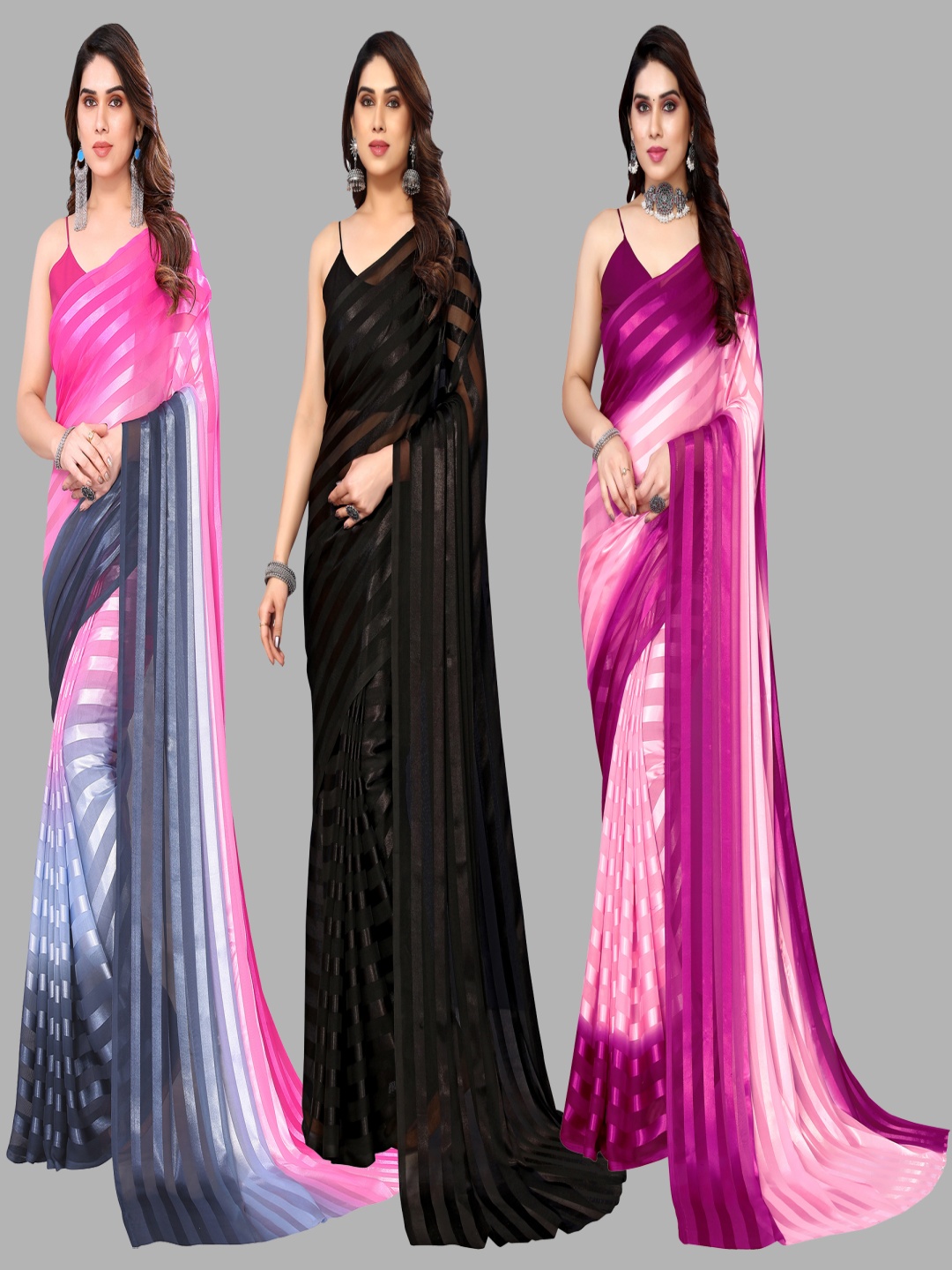 

ANAND SAREES Striped Satin Saree, Pink