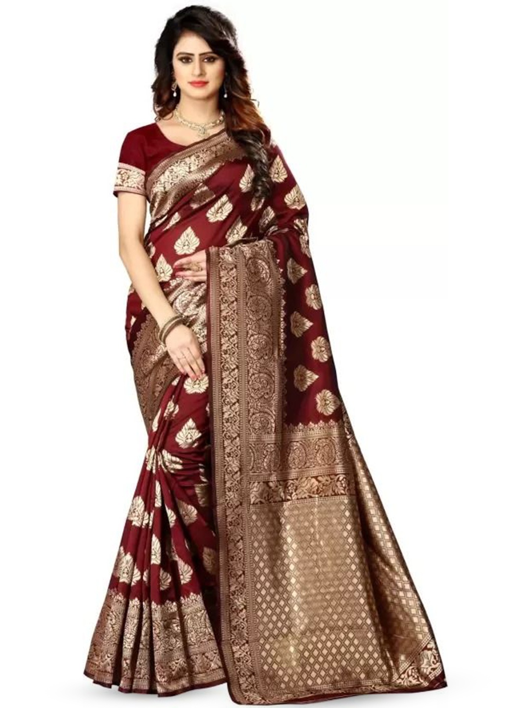 

SAADHVI Woven Design Pure Silk Designer Kanjeevaram Saree, Maroon