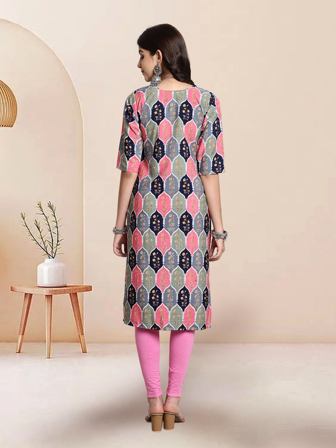 

7Threads Selection Of 4 Ethnic Motifs Printed Round Neck Straight Kurtas, Grey