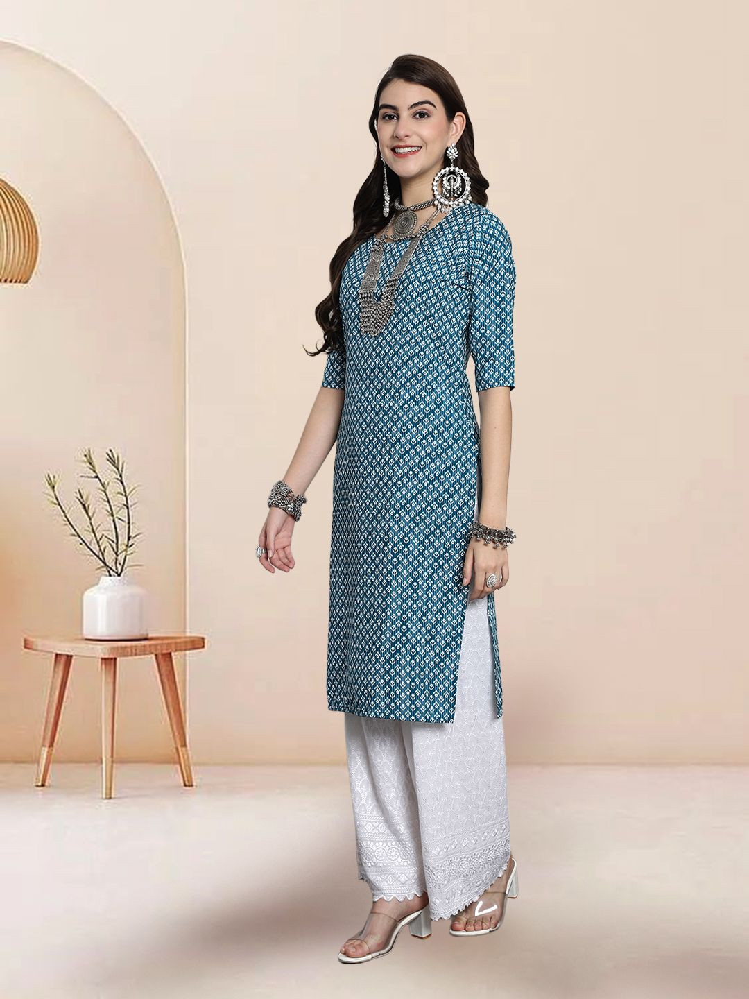 

7Threads Selection Of 3 Ethnic Motifs Printed Round Neck Straight Kurtas, Blue